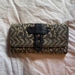 Woven Animal Print Foldover Wallet with Black vegan Leather Trim